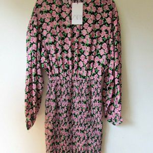 ZARA Pink Black Rose Print Ruched Skirt Dress